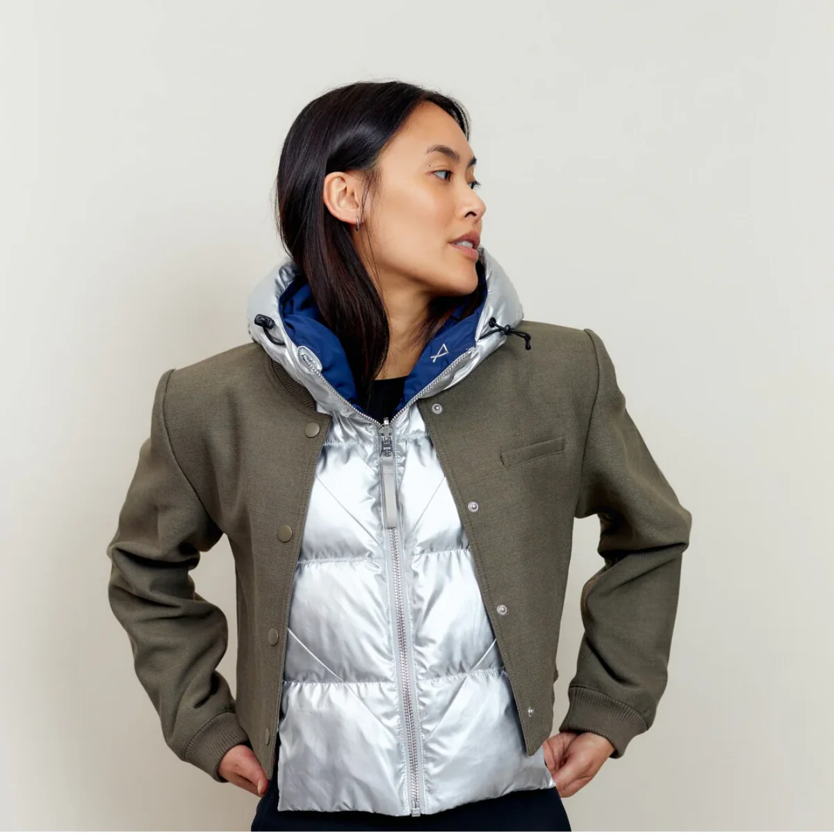 Doudoune Capuche - argentée réversible bleu marine - Image 3